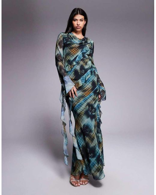 DASKA Blue Chiffon Ruffle Maxi Dress