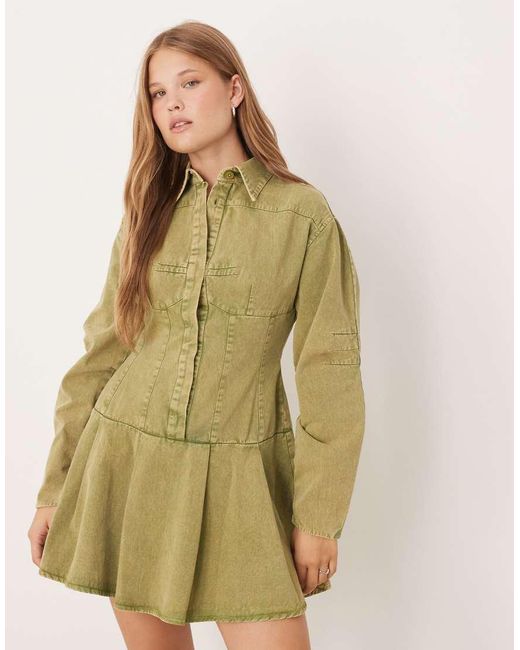 ASOS Natural Cinched Long Sleeve Mini Shirt Dress