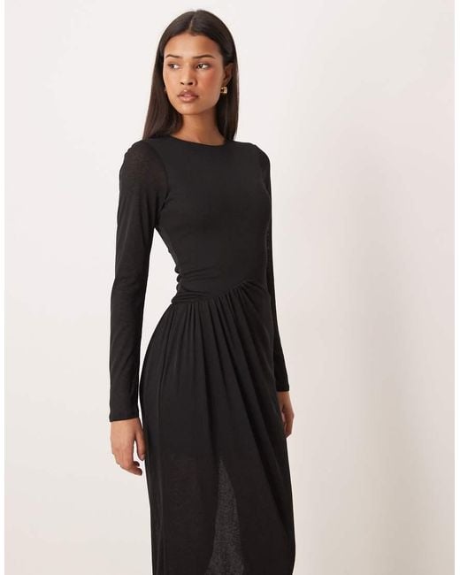 ASOS Black Long Sleeve Dropped Waist Draped Skirt Maxi Dress