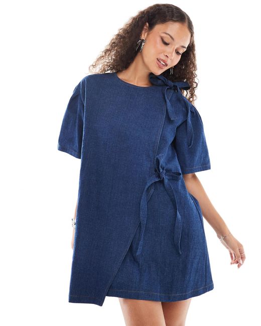 Ghospell Blue Bow Detail Textured Mini Dress