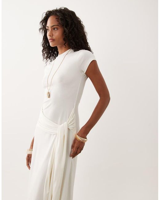 ASOS Natural Short Sleeve Midi Dress With Tie Waist