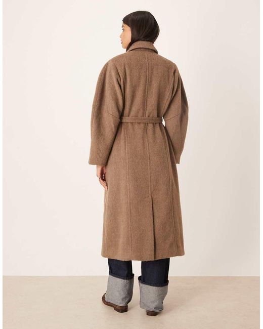 ASOS Natural Brushed Coat With Dome Sleeve And Skinny Belt