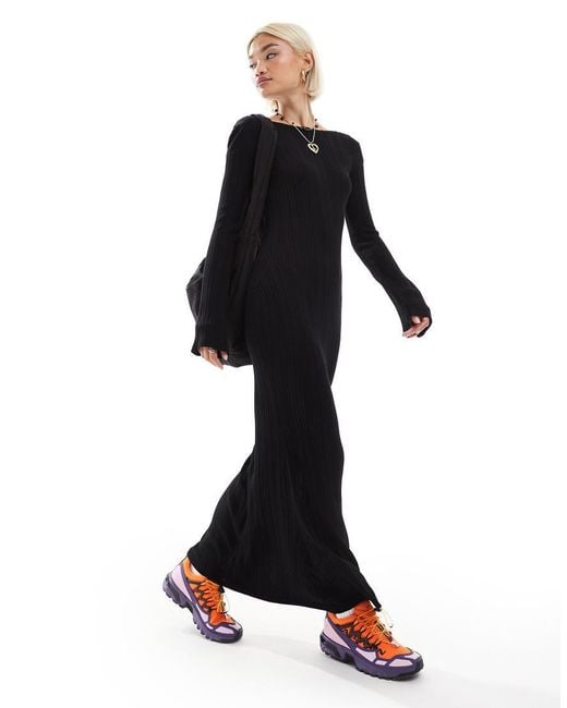 Monki Black Long Sleeve Knitted Slim Fit Maxi Dress