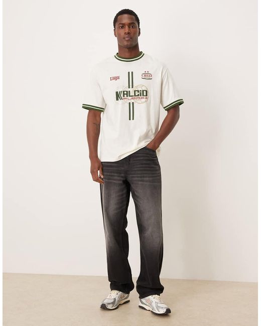 ASOS Natural Relaxed T-shirt With Neck And Cuff Tipping And Football Graphic for men