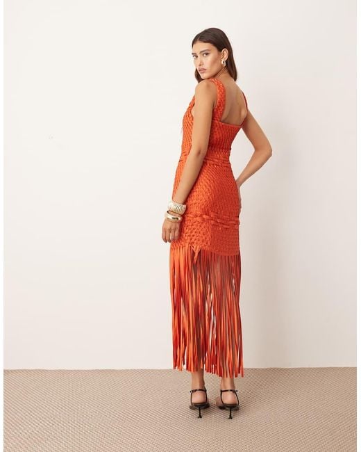 ARRANGE Orange Lattice Handwoven Fringe Hem Midi Dress