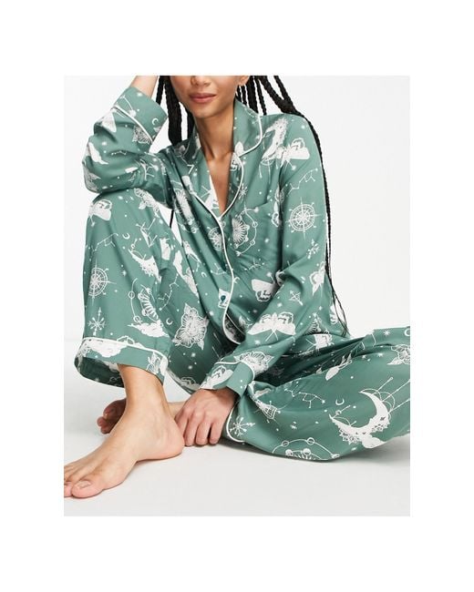 ASOS Green Asos design tall – modal-pyjama aus hemd und hose mit astrologie-muster