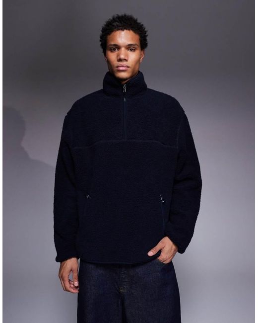 ASOS Blue Relaxed Zip Through Funnel Neck Borg Sweatshirt for men