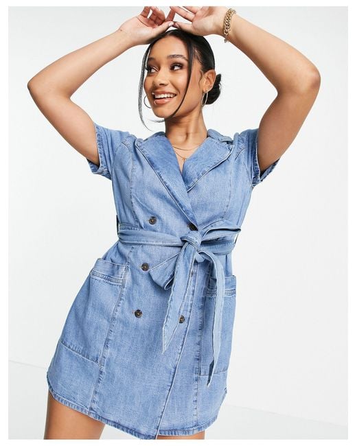 ASOS Soft Denim Double Breasted Shirt Dress in Blue - Lyst