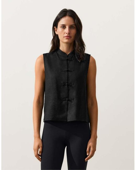 Oysho Black Sleeveless 100% Linen Stand-Up Collar Shirt With Buttons