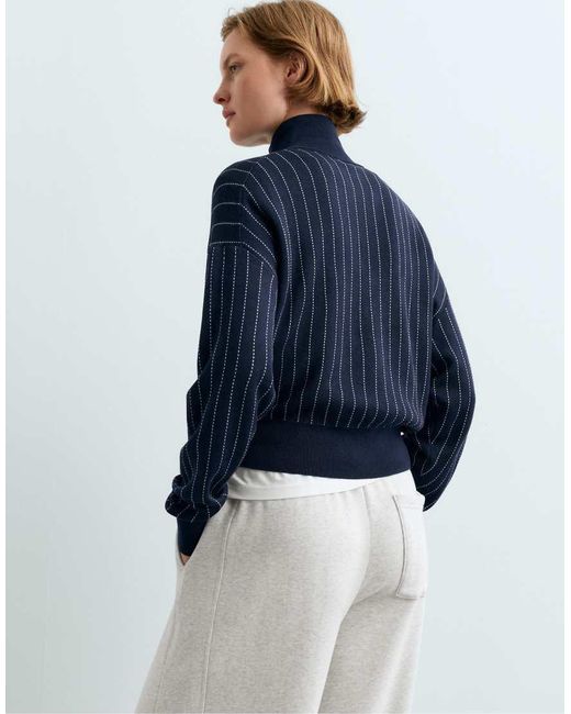 Oysho Blue Pinstripe Half-Zip Knit Jumper