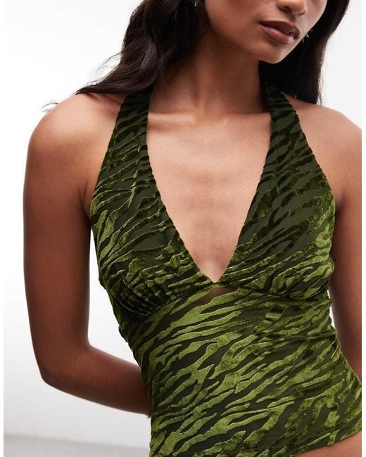 Reclaimed Vintage Green Flocked Mesh Cami Halter Top