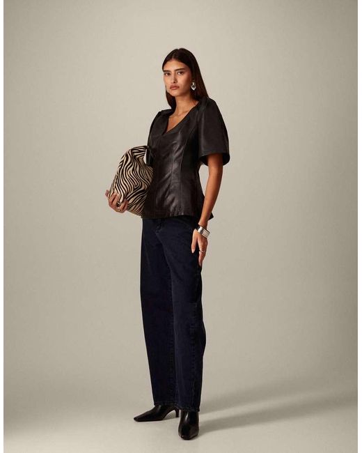 ARRANGE Black Leather Twist Shoulder Top