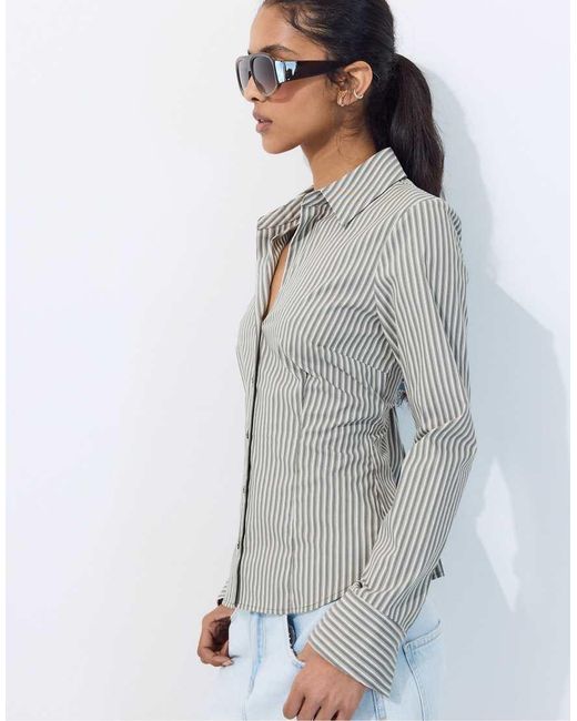 Camicia Basic Aderente A Righe Kaki di Stradivarius in Blue
