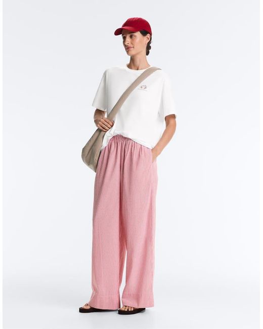 Oysho Pink Striped 100% Cotton Straight-leg Trousers