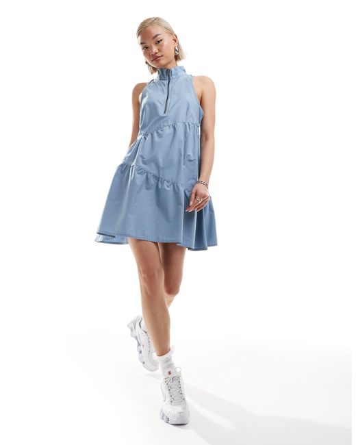 Collusion Blue Cotton Mini Asymmetric Smock Dress With Zip Detail