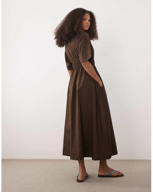 Threadbare Brown Cotton Poplin Short Sleeve Midi Dress
