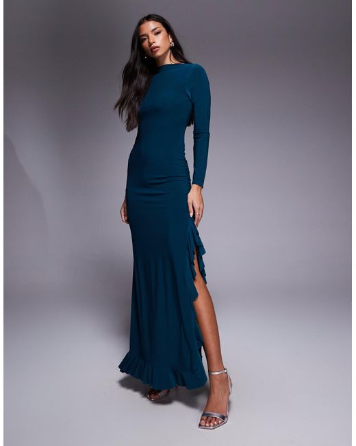 Sleeve Dress Asos Women's Maxi Dresses ASOS Long Sleeve Frill Detail A Line Maxi Dress In Blue Lyst