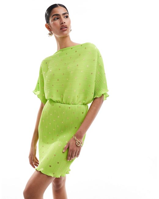 Tilly - vestito corto plissé color lime con dettagli floccati oro di Never Fully Dressed in Green