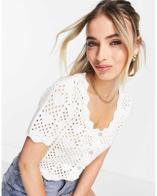 Monki White Crochet Button Front Top