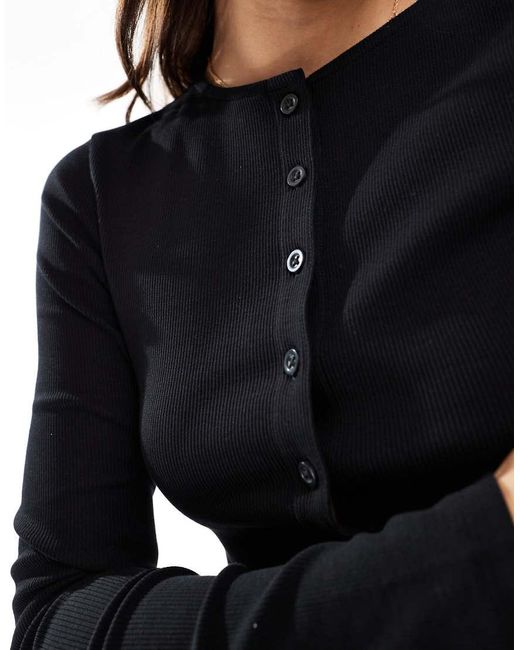 Miss Selfridge Black Button Through Rib Crew Neck Cardigan