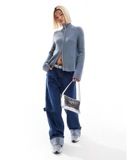 Monki Ribbed Knitted Two Way Zip Cardigan in Blue Lyst UK