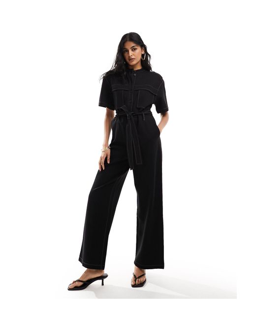 & Other Stories Black Wide Leg Stretch Jumpsuit With Tie Waist And Utility Pockets