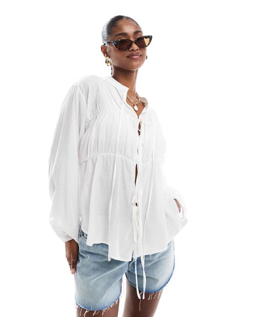 Threadbare White Tie Front Long Sleeve Blouse