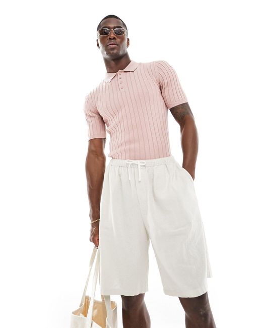 ASOS – körperbetontes polo-t-shirt aus leichtem rippstrick in White für Herren