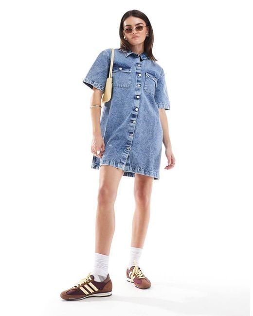 Miss Selfridge Blue Oversized Short Sleeve Denim Shirt Dress