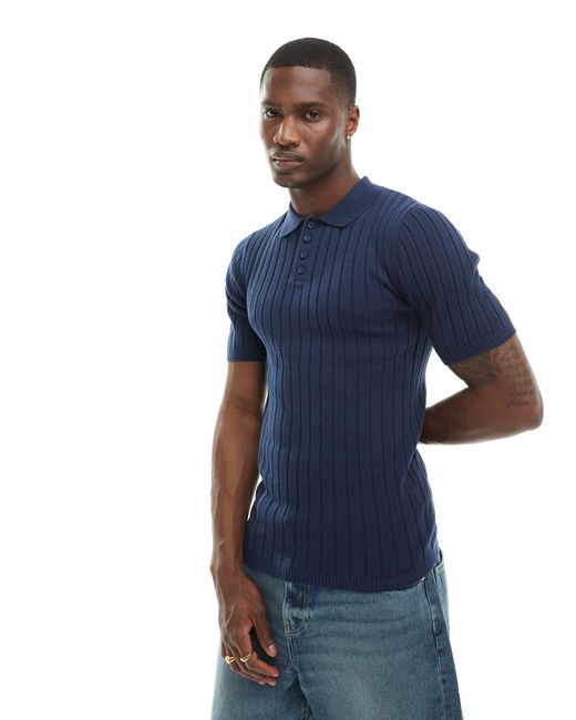 ASOS Blue Muscle Lightweight Knitted Rib Revere Polo T-shirt for men