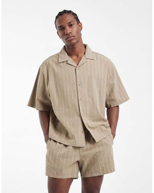 ASOS Natural Co-ord Short Length Linen Look Striped Shorts for men