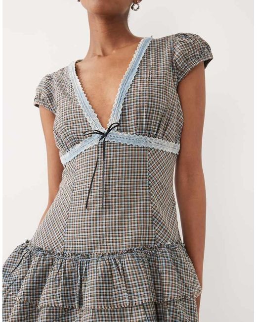 ASOS Gray V Neck Mini Tea Dress With Puff Sleeve