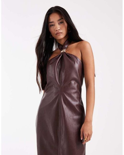 4th & Reckless Purple Leather Look Gold Hardware Knot Detail Halterneck Maxi Dress