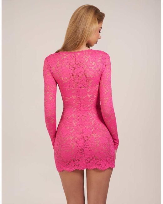 Oh Polly Pink Lace Square Neck Long Sleeve Mini Dress