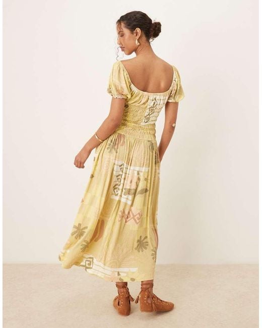 ASOS Metallic Crinkle Shirred Waist Milkmaid Puff Sleeve Midi Tea Dress