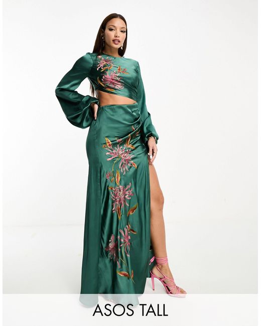 ASOS Green Asos Design Tall Long Sleeve Cut Out Bias Maxi Dress With Floral Embroidery
