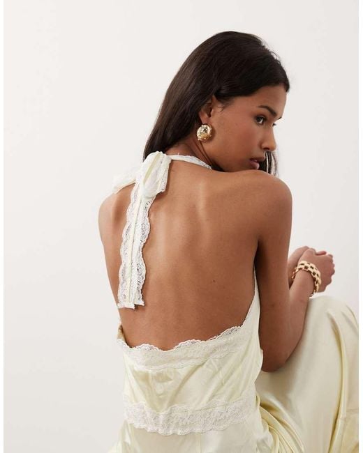 SNDY'S Natural Satin Contrast Lace Halterneck Maxi Dress
