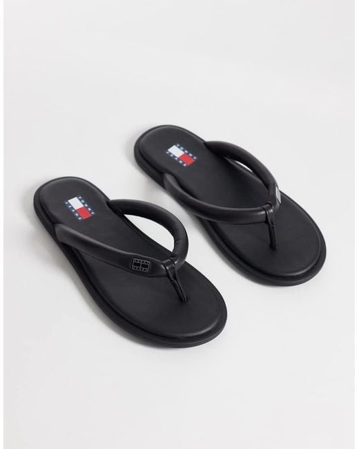 Tommy Hilfiger Black Real Leather Flip Flops