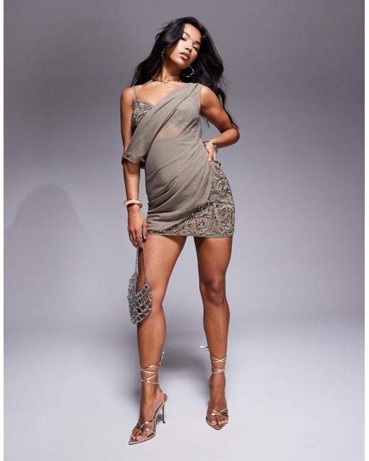 ASOS Embellished Detail Draped Chiffon Mini Dress in Gray | Lyst