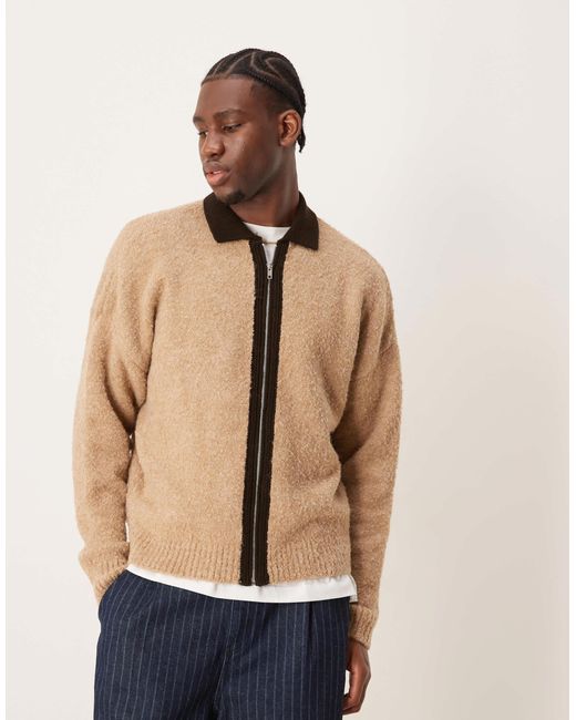 ASOS Natural Oversized Knitted Textured Contrast Zip Through for men