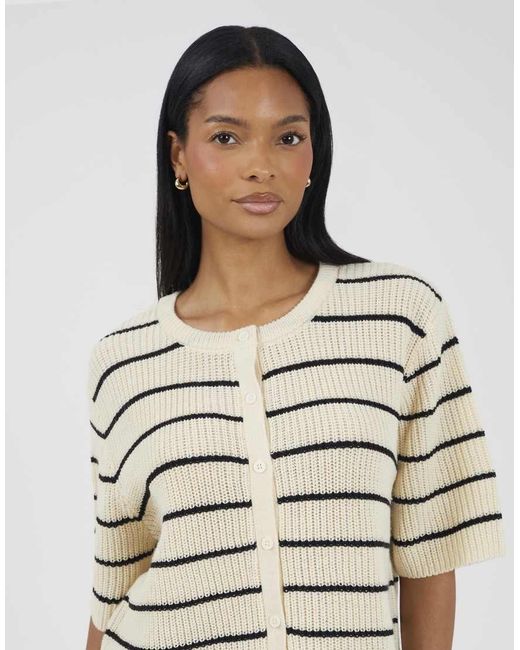 Brave Soul Natural Striped Short Sleeve Fisherman Knit Cardigan