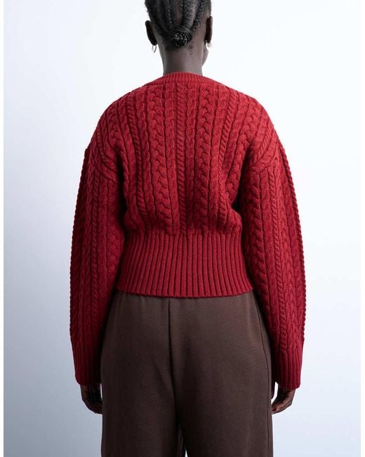 TOPSHOP Red Knit Cable Fitted Waist Cardigan
