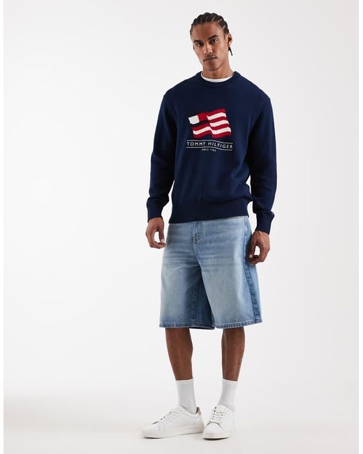 Tommy Hilfiger Blue Cotton Waving Flag Logo Knit Sweater for men