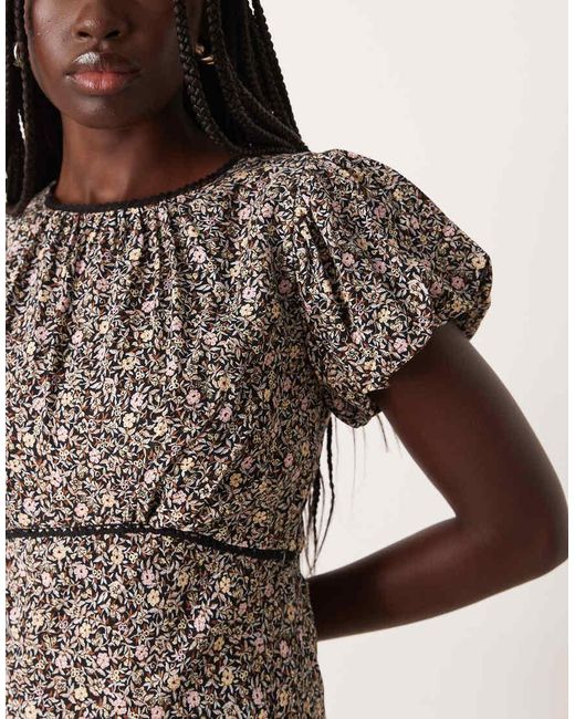 Nobody's Child Natural Sicily Gathered Ruched Neck Puff Sleeve Midi Tea Dress