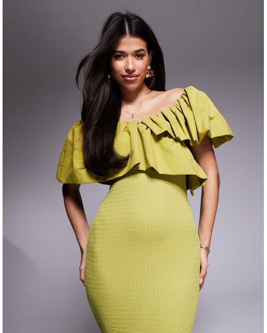 ASOS Green Textured Midi Dress With Contrast Fabric Ruffle
