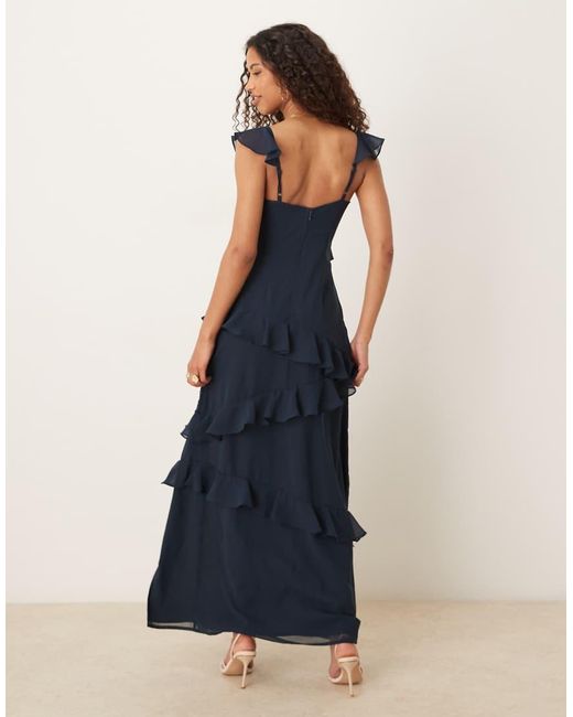 Maya Blue Embellished Strappy Ruffle Maxi Dress