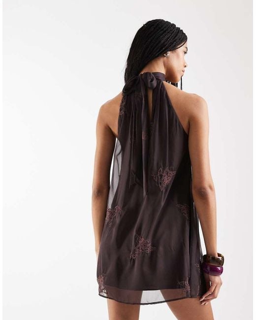 Reclaimed Vintage Brown Limited Edition Halter Neck Mini Dress With Bead Embroidery