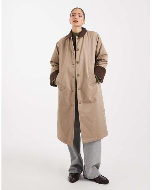 Pieces Brown Longline Trench Coat With Collar Detail