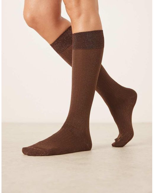 Calcetines Por La Rodilla Marrones Con Acabado Efecto Purpurina Dorado Rosado De Canalé Fino De ASOS de color Natural