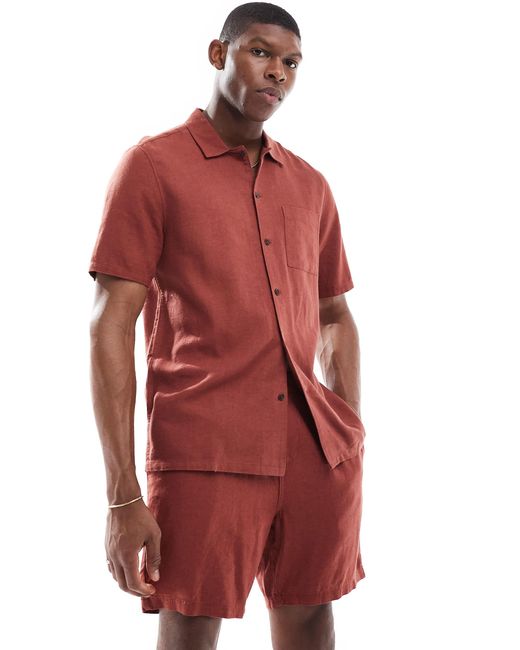 New Look Red Flat Collar Linen-blend Shirt Co-ord for men